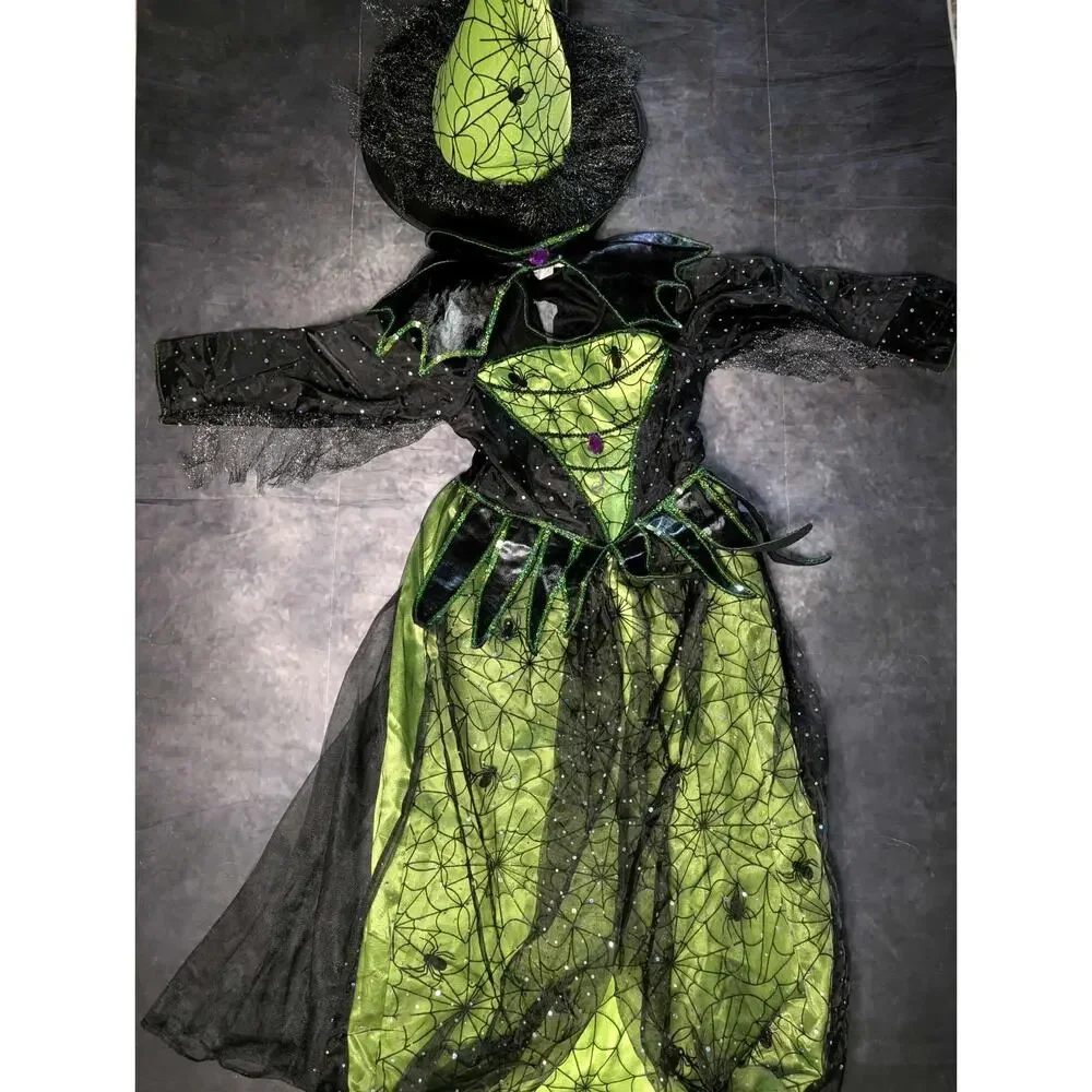 Magical Green Halloween 2 Piece Witch Costume Spiders Girls Size 7-8 Teetot